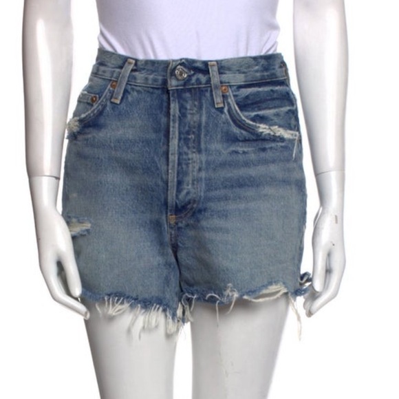 AGOLDE Distressed Blue Denim Shorts - Picture 1 of 3